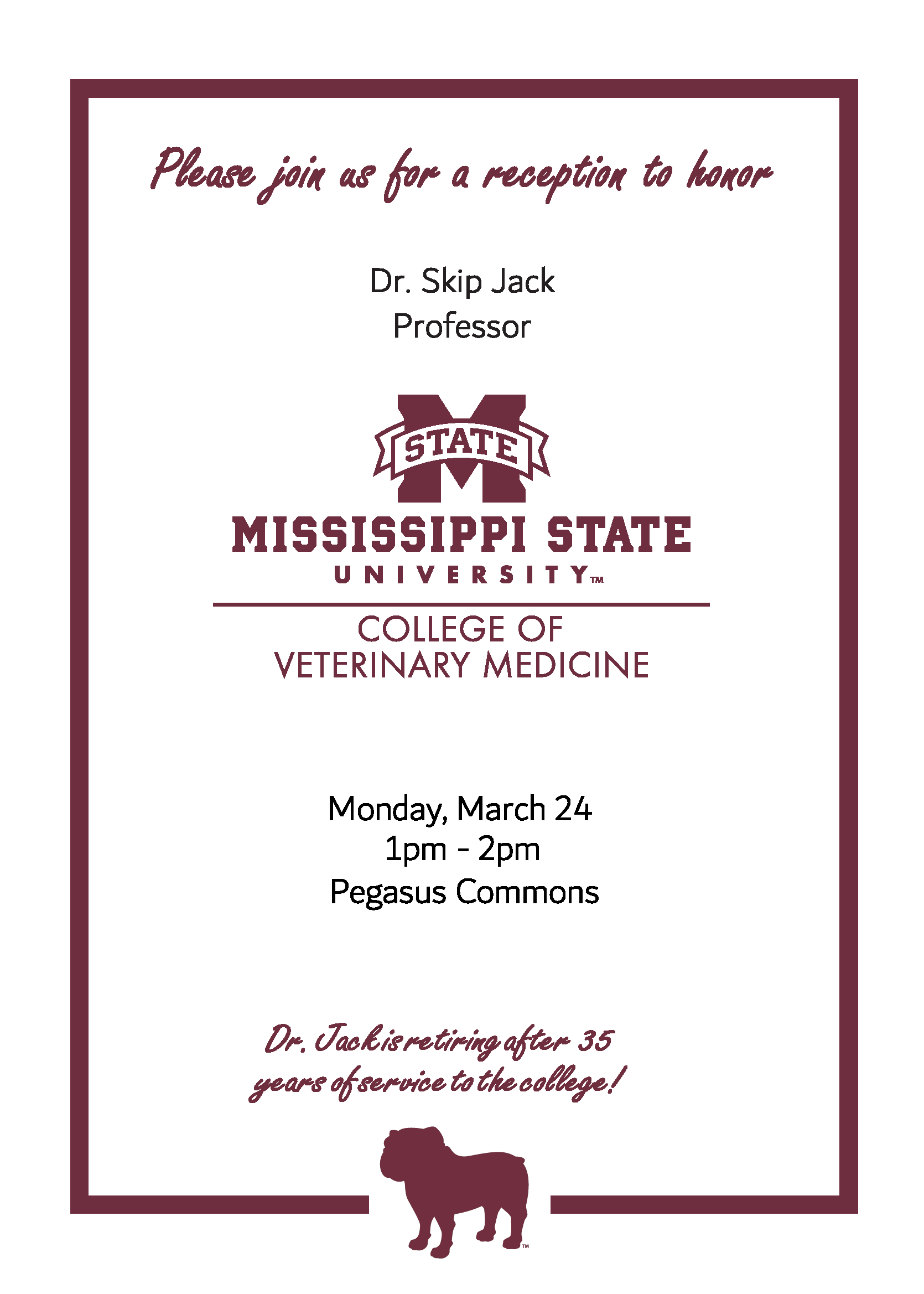 We are pleased to announce a celebration in honor of Dr. Skip Jack's retirement. While he will be retiring from his full-time role, we are excited to share that Dr. Jack will continue to contribute to teaching on a part-time basis. Dr. Jack’s exceptional career has touched the lives of countless students, colleagues, and professionals in the field of veterinary medicine. With over 35 years of dedication, his contributions have left a lasting mark on the College of Veterinary Medicine.