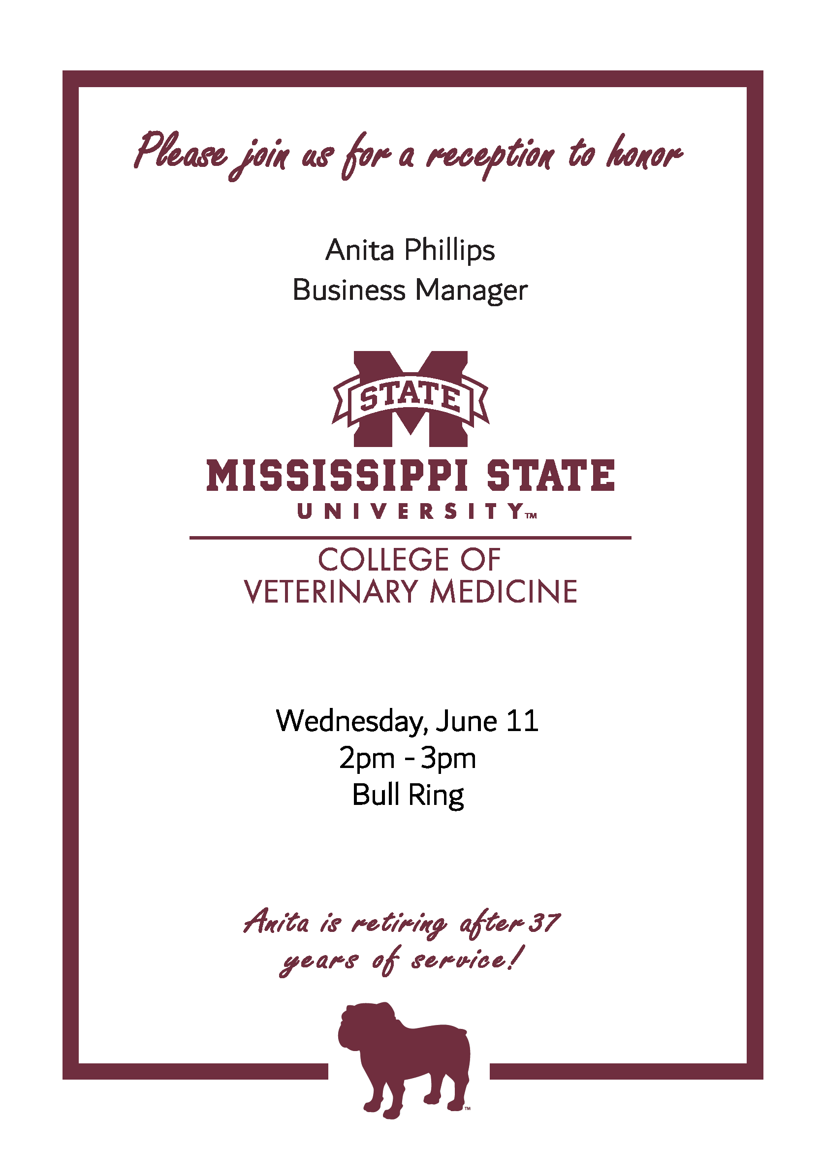 We are pleased to announce a celebration in honor of Anita Phillips retirement on June 11 at 2pm in the CVM Bull Ring.