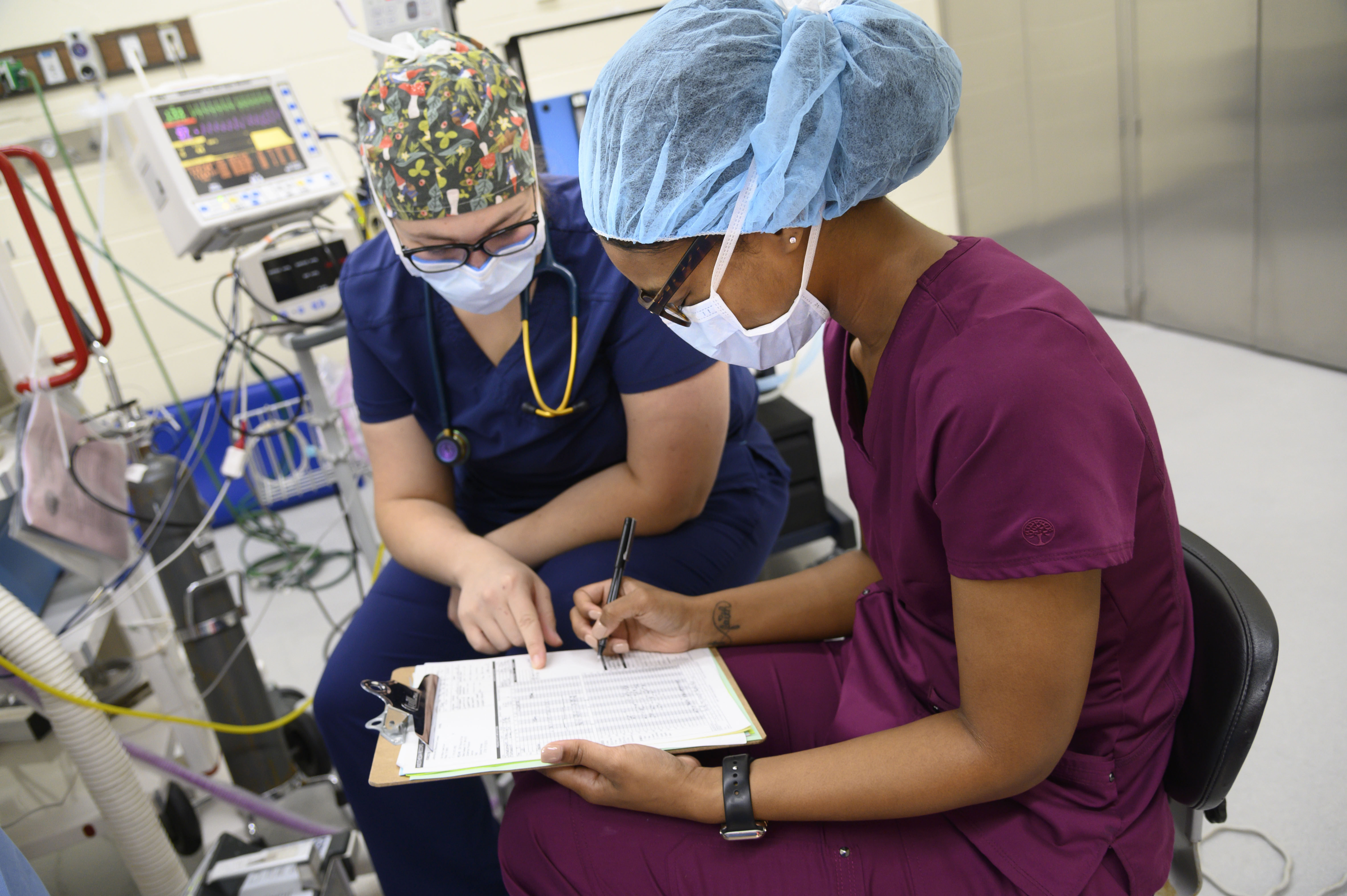 Two veterinary technicians take anesthesia notes