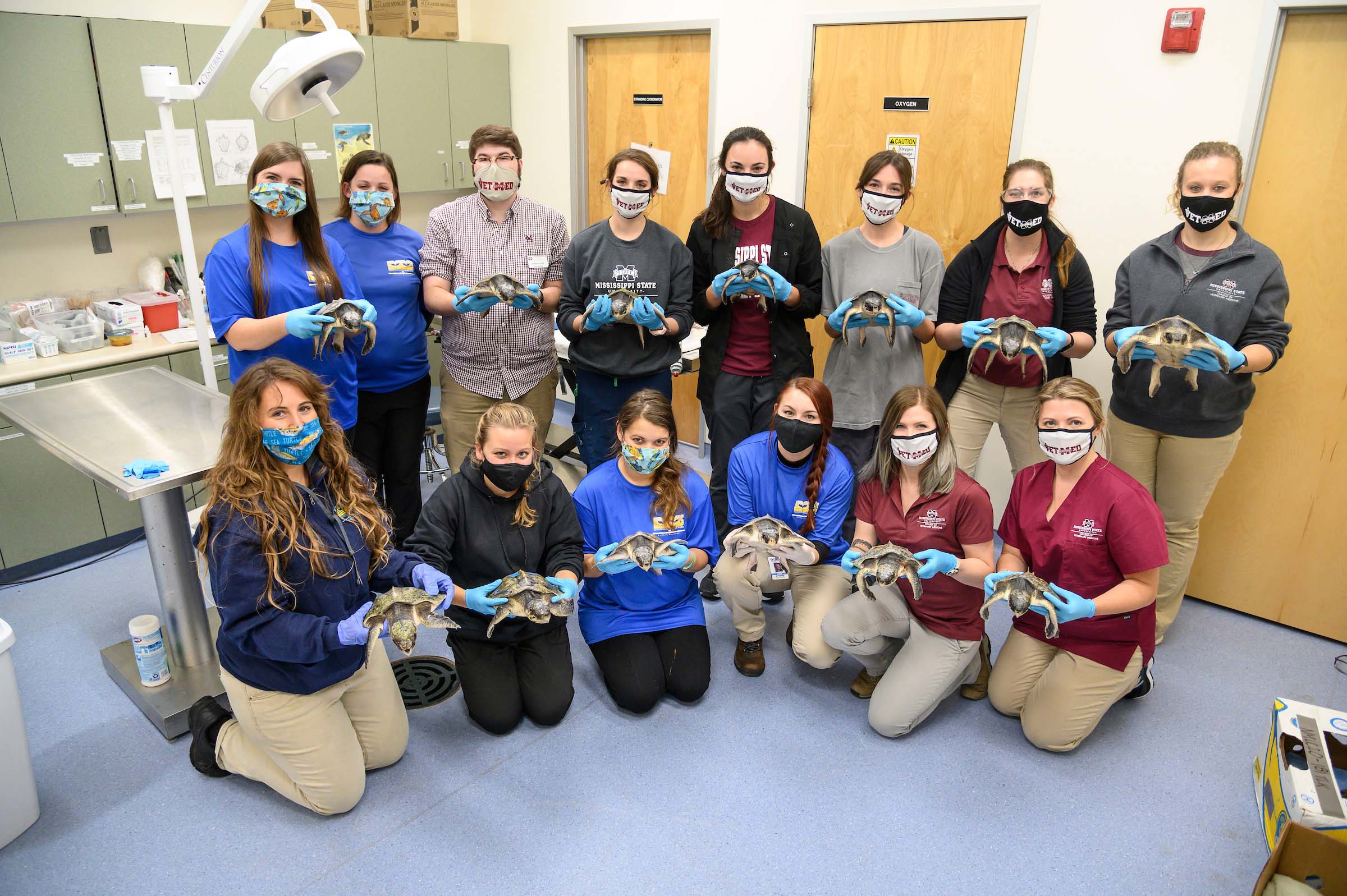 Several students holding turtles